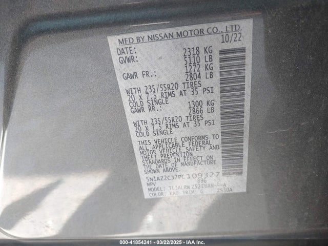 5N1AZ2CJ7PC109327 Nissan Murano Sl Fwd