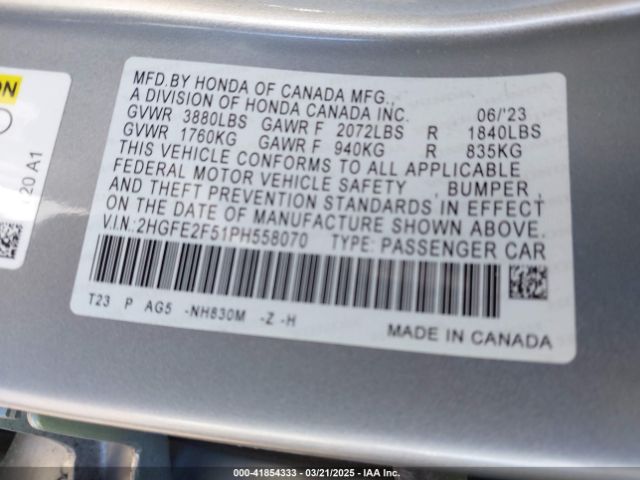 2HGFE2F51PH558070 Honda Civic Sport