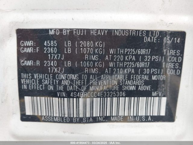 4S4BRCCC4E3325306 Subaru Outback 2.5i Premium