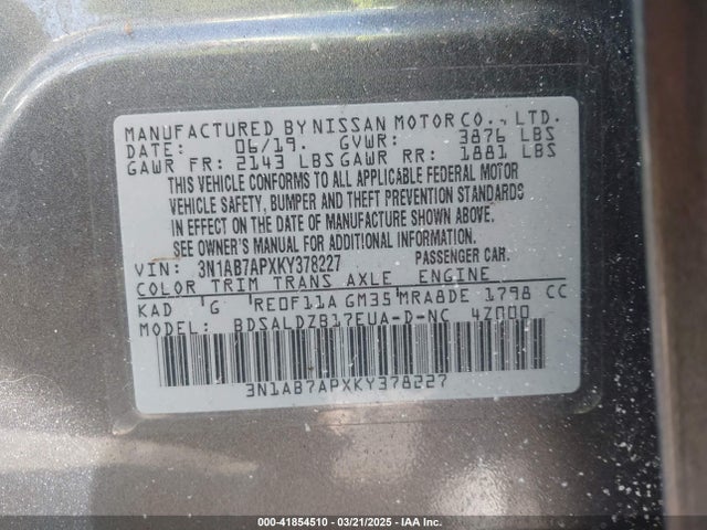 3N1AB7APXKY378227 Nissan SENTRA SV