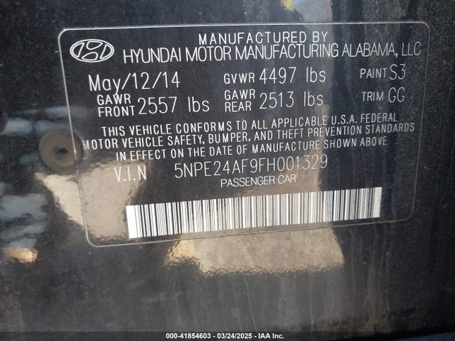 5NPE24AF9FH001329 Hyundai SONATA SE