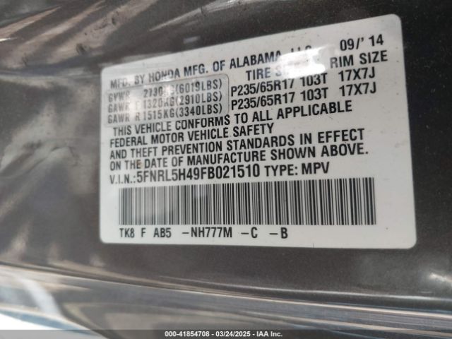 5FNRL5H49FB021510 Honda ODYSSEY EX
