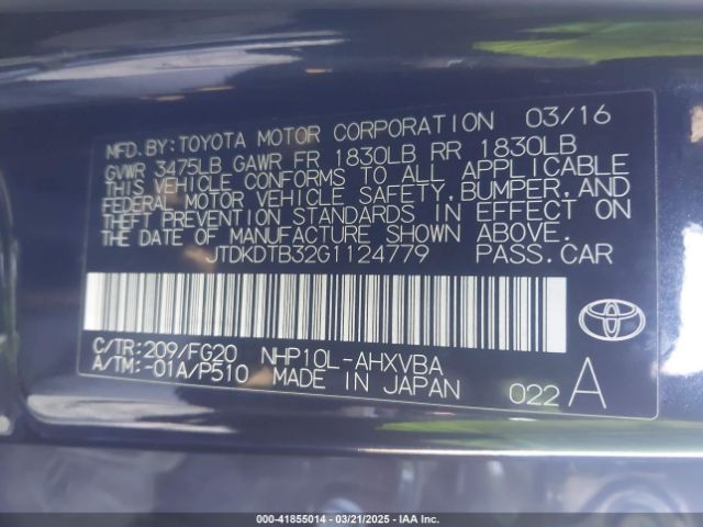 JTDKDTB32G1124779 Toyota Prius C Two