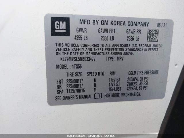 KL79MVSL5NB033472 Chevrolet Trailblazer Fwd Activ
