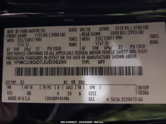 1FMCU9GD7JUD36295 Ford ESCAPE SE