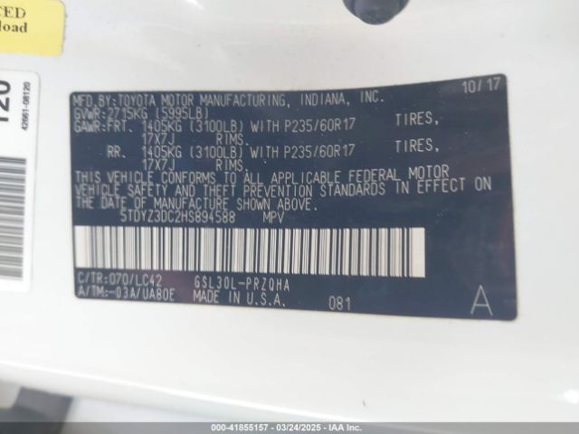 5TDYZ3DC2HS894588 Toyota Sienna Xle Premium 8 Passenger