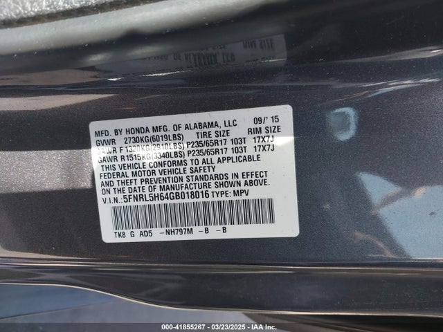 5FNRL5H64GB018016 Honda Odyssey Ex-l
