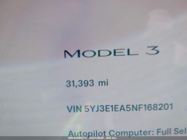 5YJ3E1EA5NF168201 Tesla Model 3 Rear-wheel Drive
