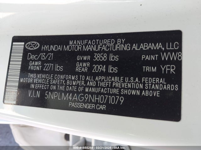5NPLM4AG9NH071079 Hyundai ELANTRA SEL