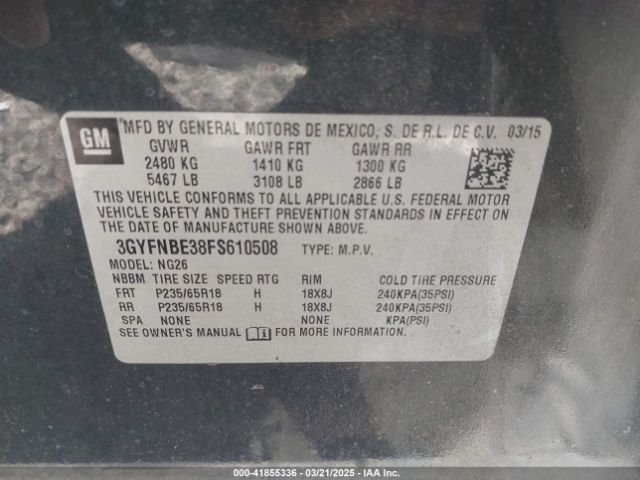 3GYFNBE38FS610508 Cadillac Srx Luxury Collection