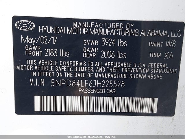5NPD84LF6JH225528 Hyundai ELANTRA SEL