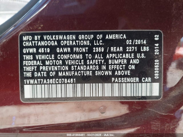 Volkswagen Passat 1.8t Wolfsburg Edition 2014 1VWAT7A36EC078461 Image 9