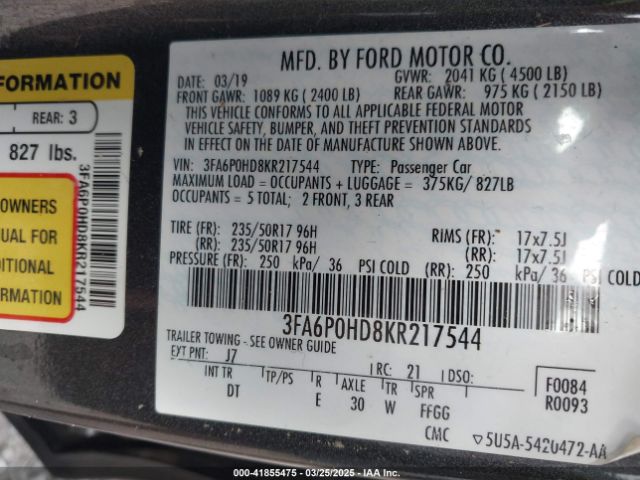 3FA6P0HD8KR217544 Ford FUSION SE