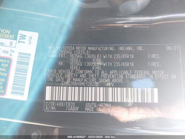 5TDGZRBHXMS128275 Toyota Highlander Xle