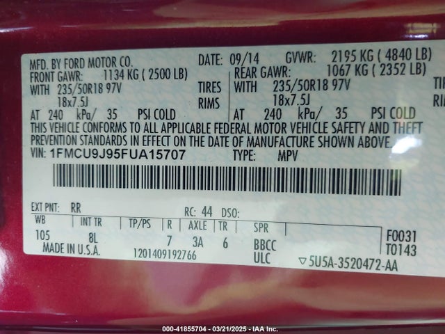 1FMCU9J95FUA15707 Ford Escape Titanium