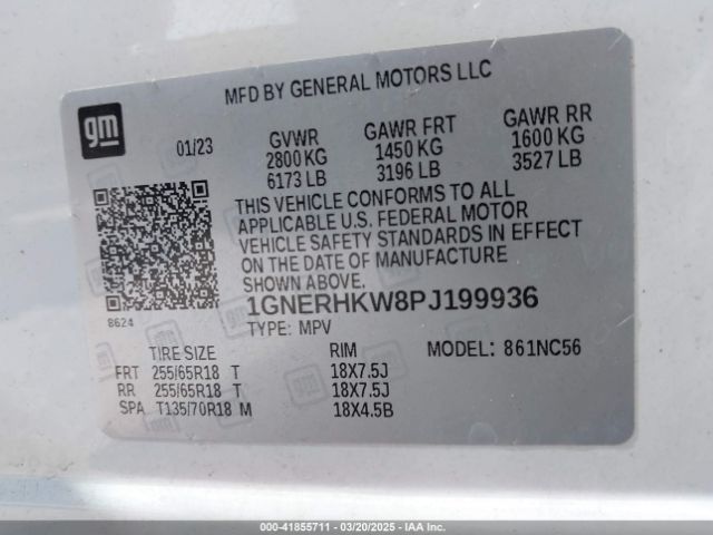 1GNERHKW8PJ199936 Chevrolet Traverse Fwd Lt Leather