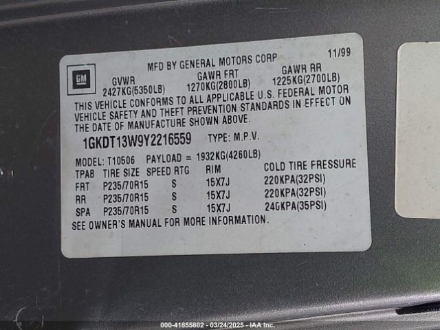 2000 GMC JIMMY 1GKDT13W9Y2216559 Photo 8
