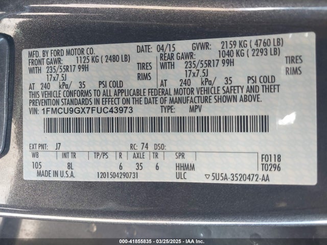 Ford ESCAPE SE 2015 1FMCU9GX7FUC43973 Image 9