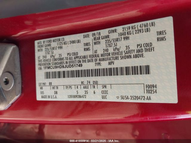 1FMCU9HD9JUD51749 Ford ESCAPE SEL