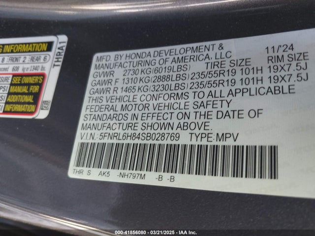 5FNRL6H84SB028769 Honda Odyssey Touring