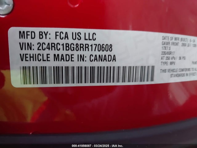 2024 Chrysler Pacifica Touring L მანქანა იყიდება აუქციონზე, vin: 2C4RC1BG8RR170608, აუქციონის ნომერი: 41856087