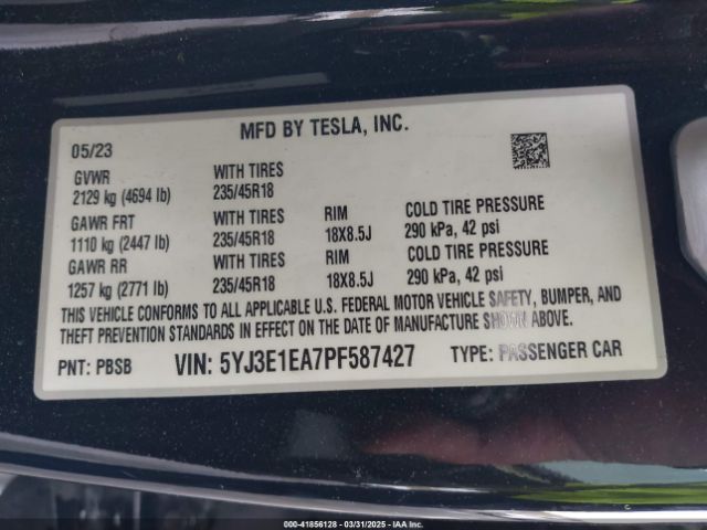 5YJ3E1EA7PF587427 Tesla Model 3 Rear-wheel Drive