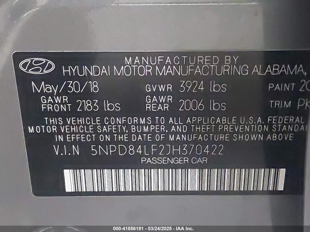 5NPD84LF2JH370422 Hyundai Elantra Value Edition