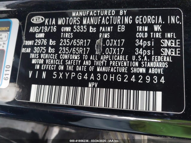 5XYPG4A30HG242934 KIA Sorento 2.4l Lx
