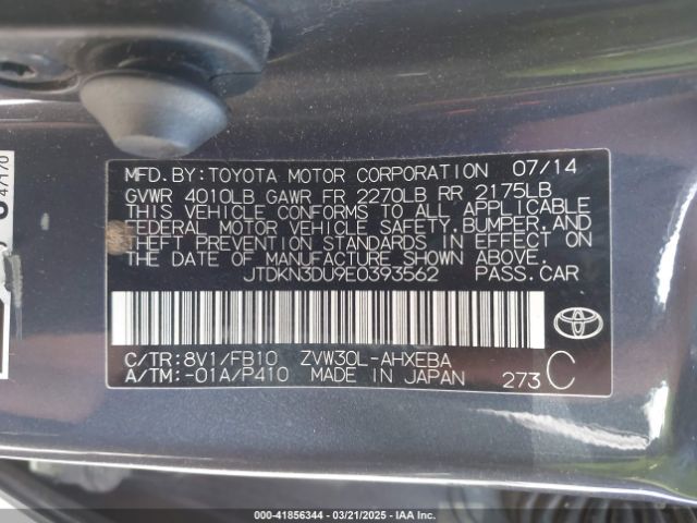 JTDKN3DU9E0393562 Toyota Prius Three