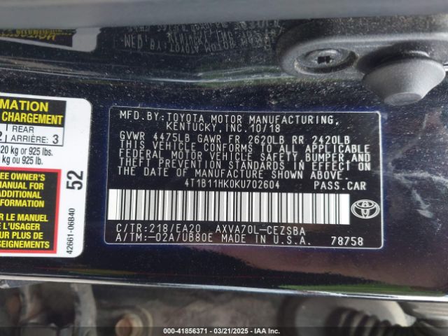 4T1B11HK0KU702604 Toyota CAMRY SE