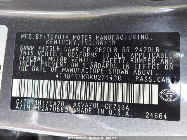 4T1B11HK0KU271438 Toyota CAMRY SE