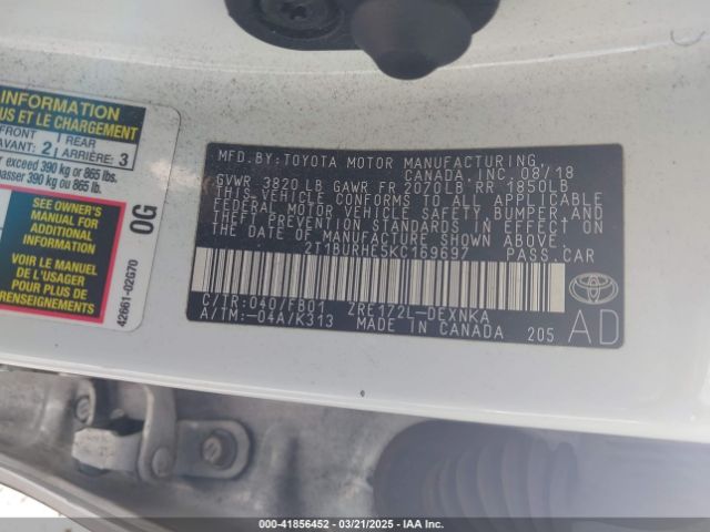 2T1BURHE5KC169697 Toyota COROLLA LE