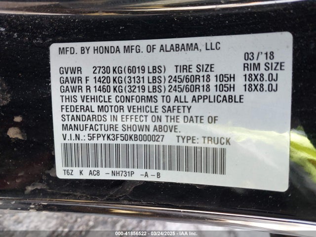 5FPYK3F50KB000027 Honda Ridgeline Rtl