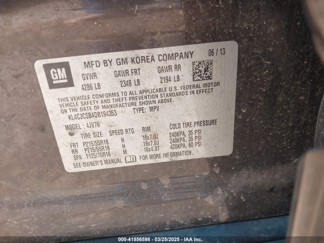 41856598 :رقم المزاد ، KL4CJCSB4DB194353 vin ، 2013 Buick Encore Leather مزاد بيع