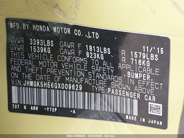 JHMGK5H56GX009629 Honda FIT LX