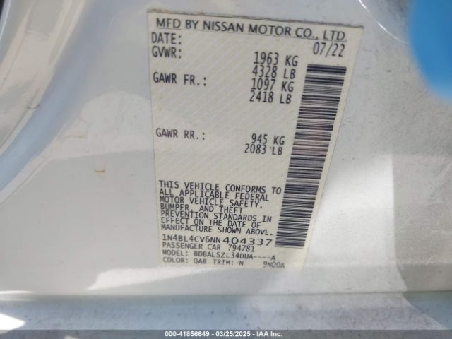 1N4BL4CV6NN404337 Nissan Altima Sr Fwd
