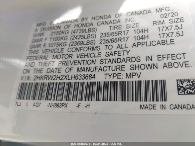 2HKRW2H2XLH633684 Honda Cr-v Awd Lx