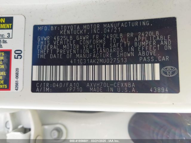 4T1C31AK2MU027513 Toyota Camry Le Hybrid