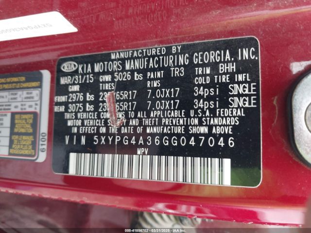 5XYPG4A36GG047046 KIA Sorento 2.4l Lx