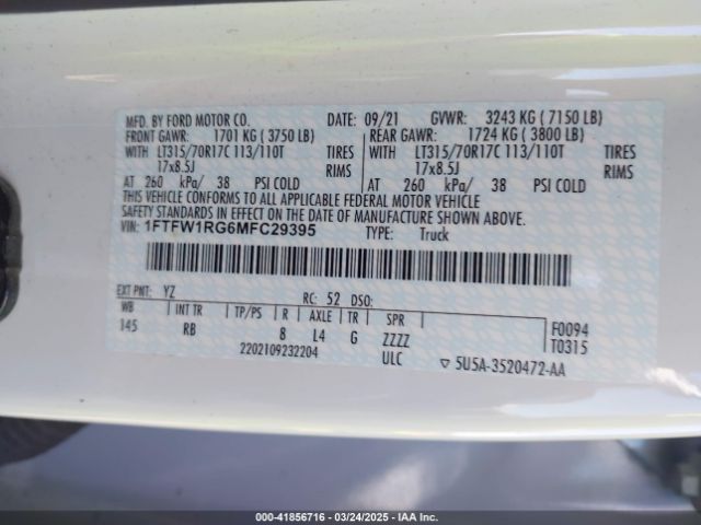 1FTFW1RG6MFC29395 Ford F-150 Raptor