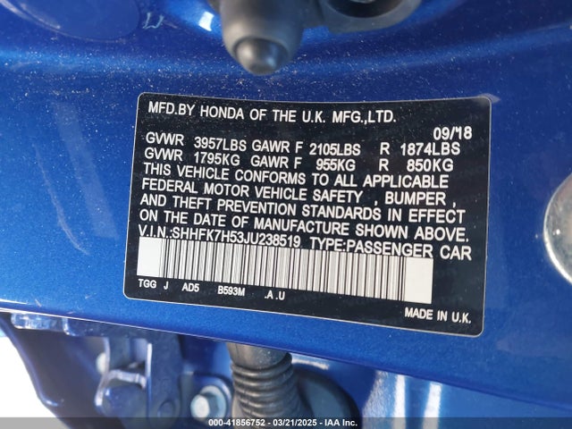 SHHFK7H53JU238519 Honda CIVIC EX