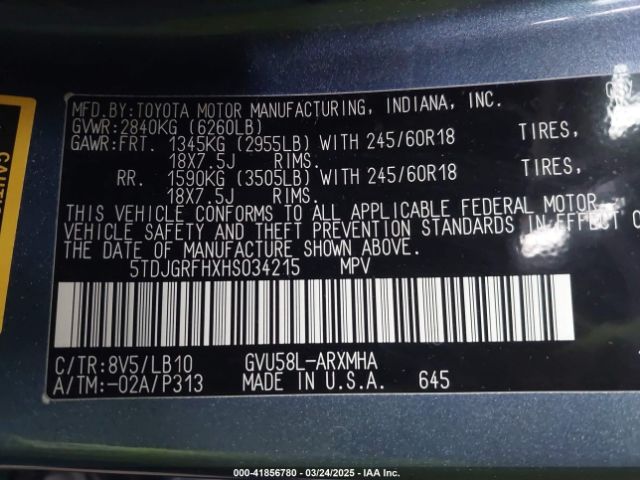 5TDJGRFHXHS034215 Toyota Highlander Hybrid Xle