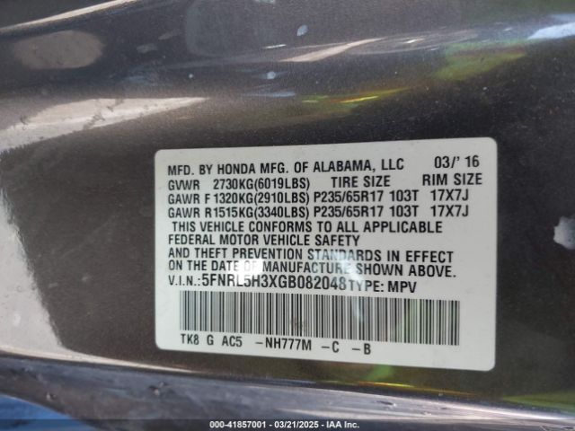 5FNRL5H3XGB082048 Honda ODYSSEY SE