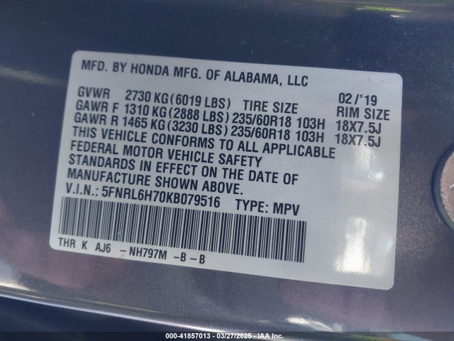 5FNRL6H70KB079516 Honda Odyssey Ex-l