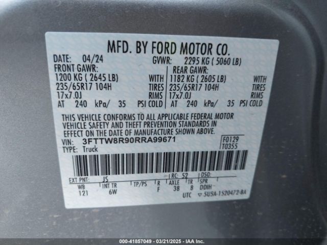 3FTTW8R90RRA99671 Ford Maverick Lariat