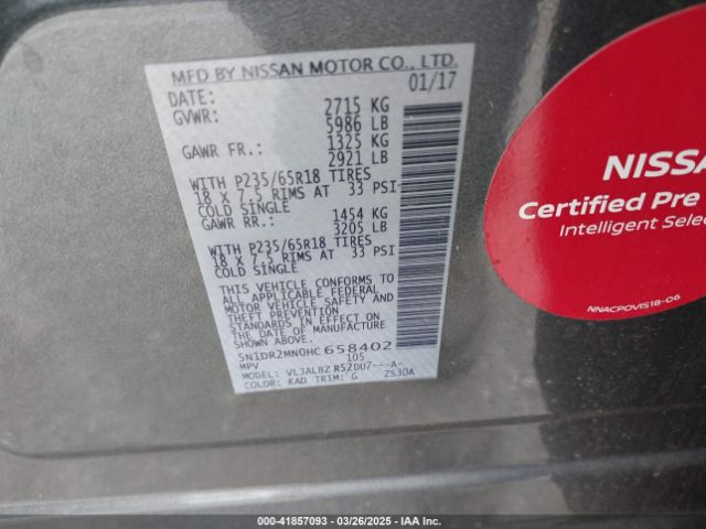 5N1DR2MN0HC658402 Nissan Pathfinder S