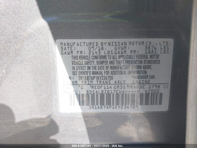 Nissan SENTRA S 2019 3N1AB7AP1KY234789 Image 9