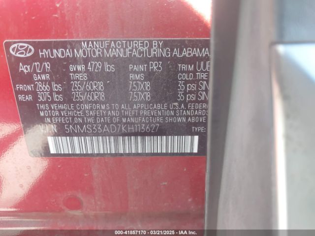 5NMS33AD7KH113627 Hyundai Santa Fe Sel Plus