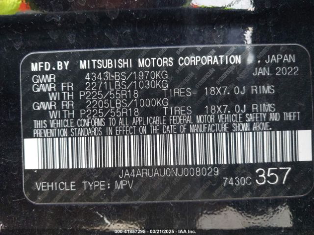 JA4ARUAU0NU008029 Mitsubishi Outlander Sport 2.0 Be Awc/2.0 Es Awc/2.0 Le Awc/2.0 Se Awc/2.0 Se Special Edition Awc