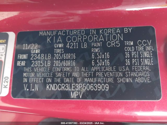 KNDCR3LE3P5063909 KIA NIRO EX